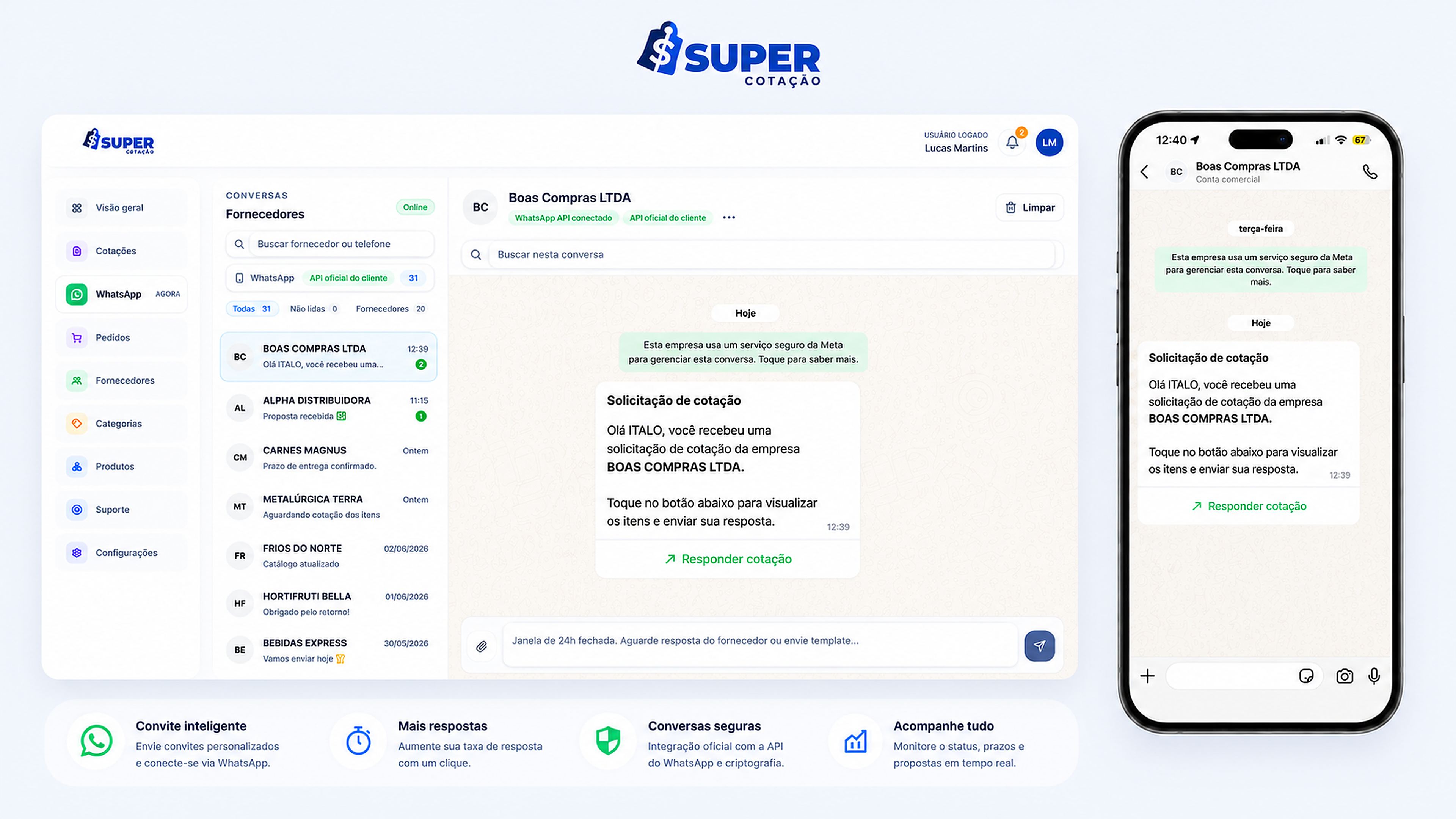 WhatsApp oficial integrado ao Super Cotação