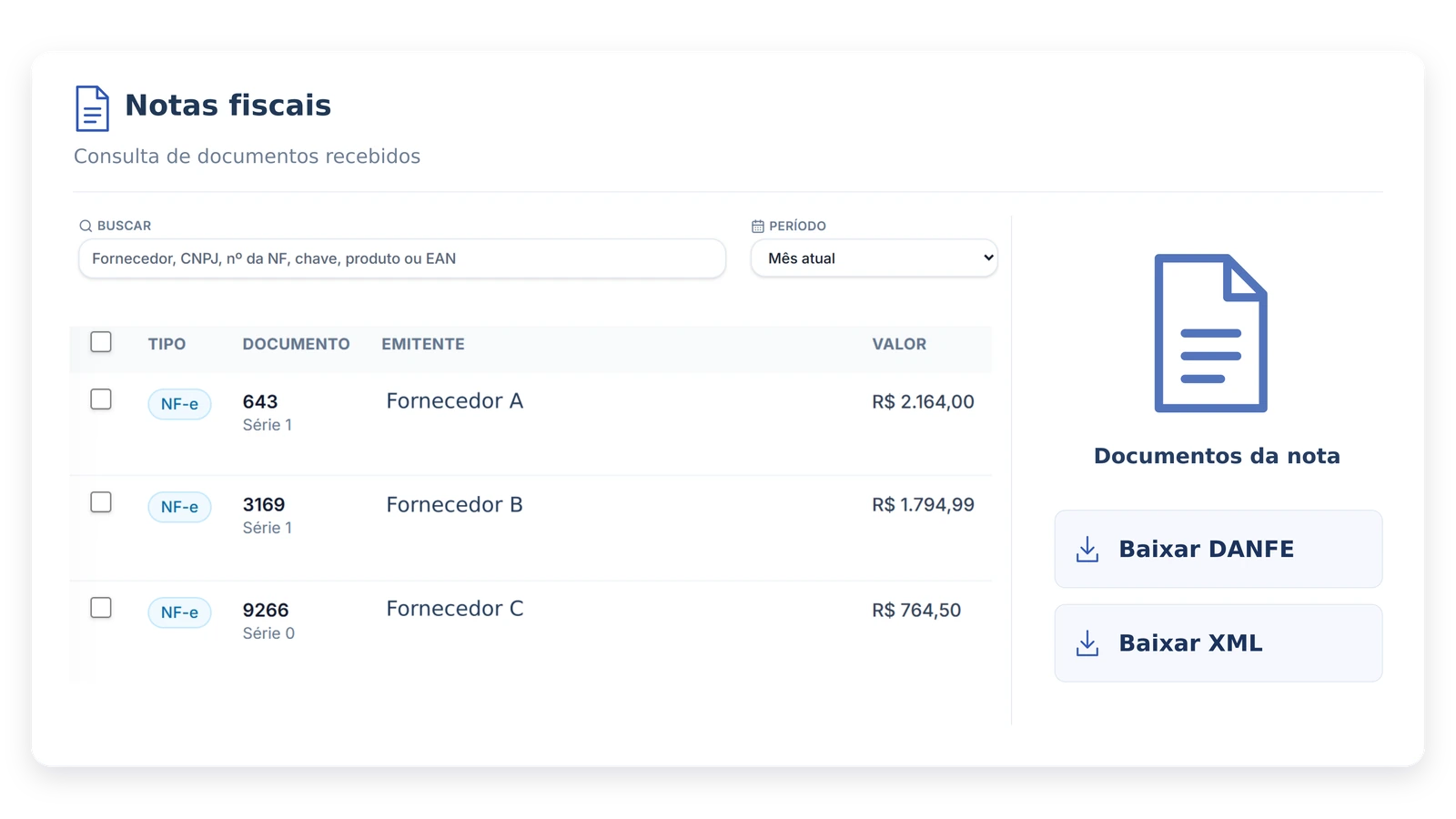 Consulta de notas com fornecedores, valores e área de downloads de DANFE e XML