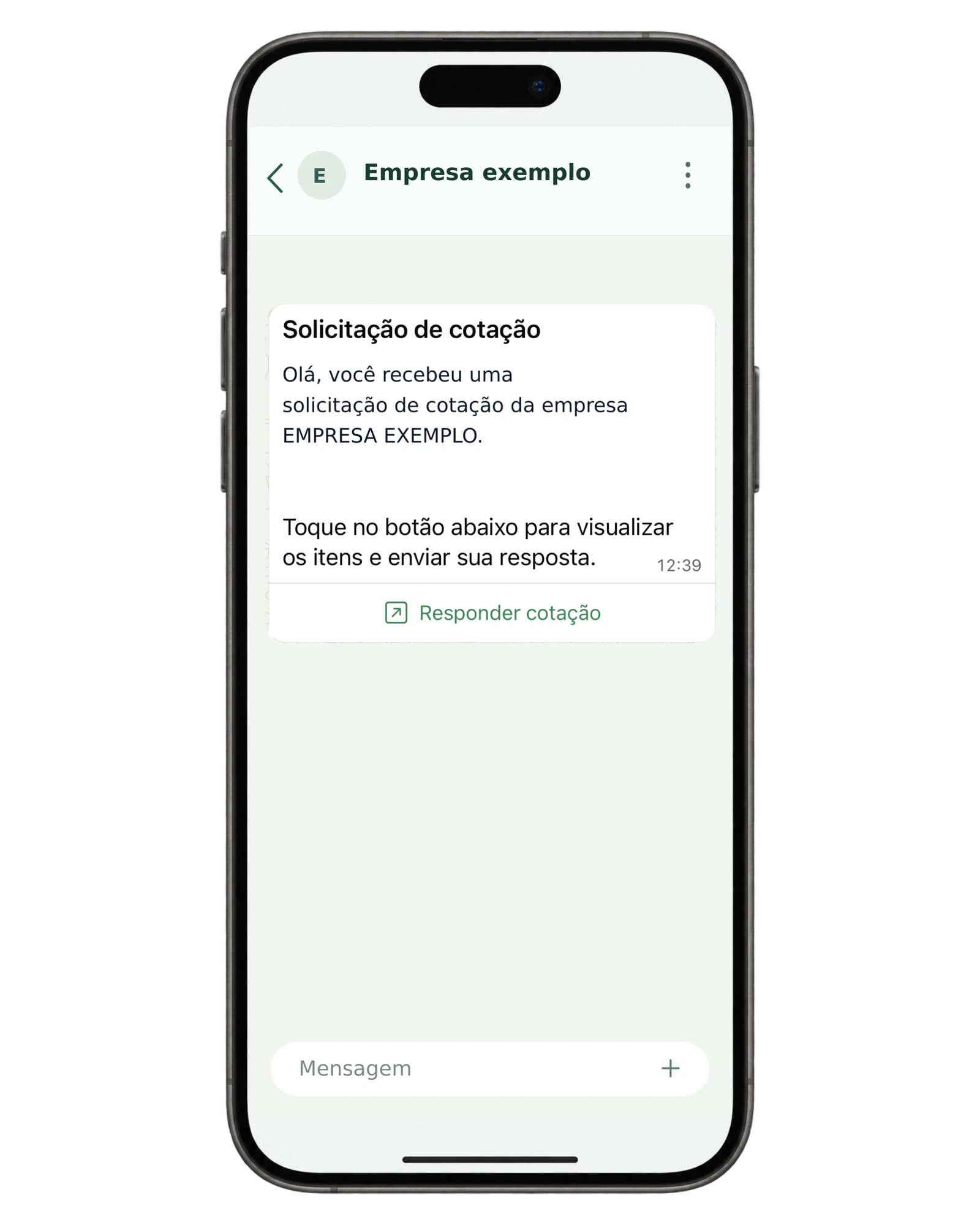 Convite de cotação recebido pelo fornecedor no WhatsApp, exibido em um smartphone